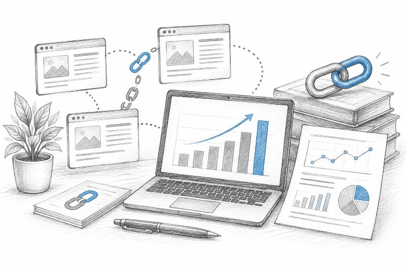 Link-building statistics illustration with backlink icons, referring web pages, and SEO performance charts.