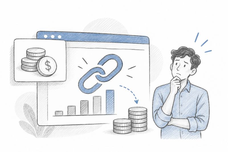 Illustration of link-building costs and potential SEO value, with coins, a backlink, and a rising performance chart.