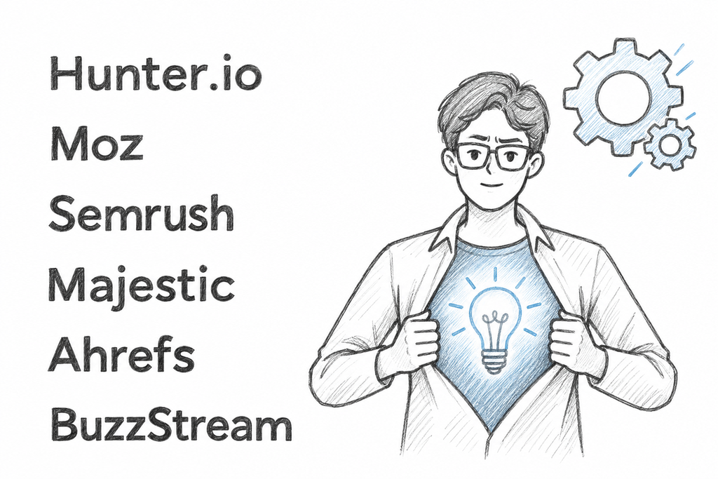 Illustration of an SEO professional with six research tools: Hunter.io, Moz, Semrush, Majestic, Ahrefs, and BuzzStream.