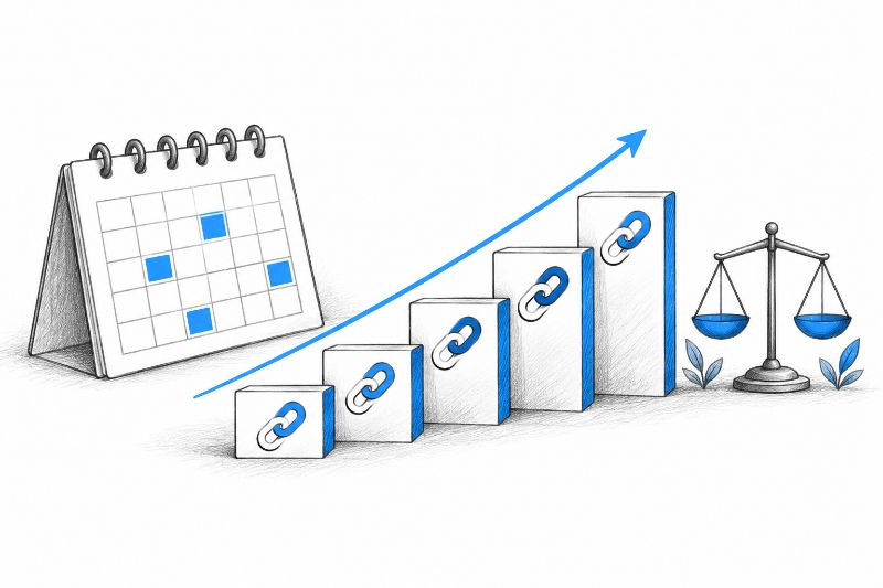 Calendar, rising backlink chart, and balance scale illustrate building backlinks at a steady, sustainable pace