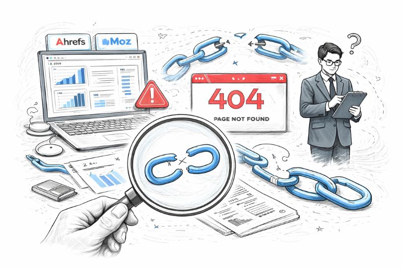 Link building for accountants audit showing broken links, 404 errors, and SEO tools analysis