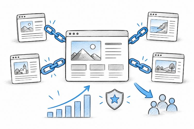 Illustration showing how link building connects websites to boost search visibility, build authority, and attract more visitors.