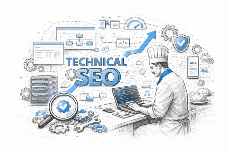 Illustration showing how to grow catering business using technical SEO strategies