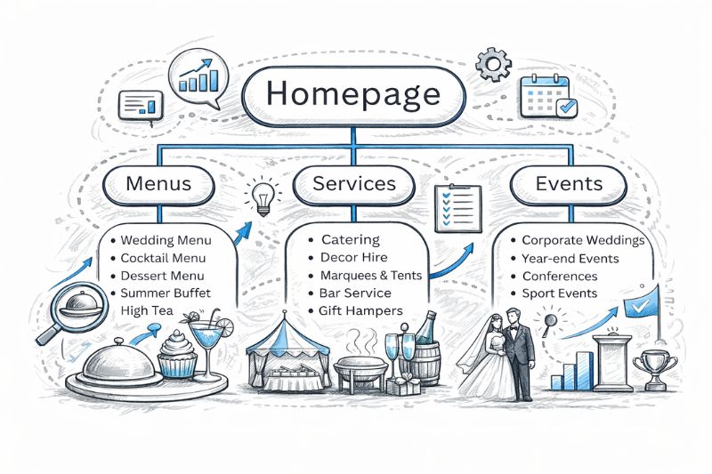 Website structure diagram showing how to grow catering business with SEO strategy