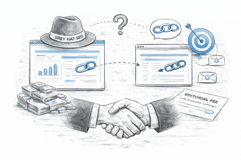 Grey Hat Link Building deal with editorial fees and backlink exchange illustration