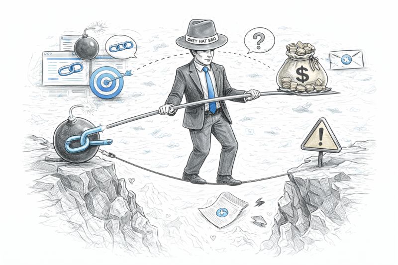 Grey Hat Link Building balancing risk and reward over SEO penalties illustration