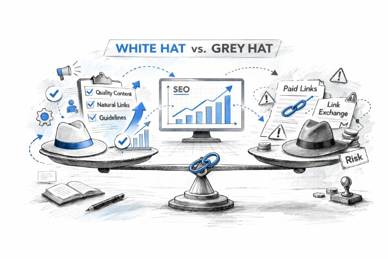Grey Hat Link Building versus white hat SEO risk comparison illustration