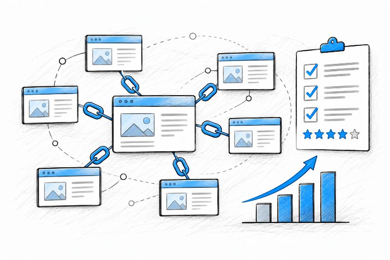 Authority Builders review illustration showing linked websites, a service rating checklist, and rising performance metrics.