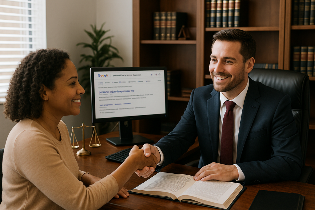 Smiling lawyer shakes hands with client after a successful Personal Injury Lawyer SEO lead conversion.