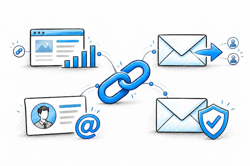 Link-building workflow connecting backlink research, prospect outreach, contact discovery, and email verification.