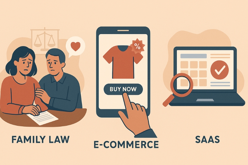 Illustration showing content marketing for family law firms alongside e-commerce and SaaS.