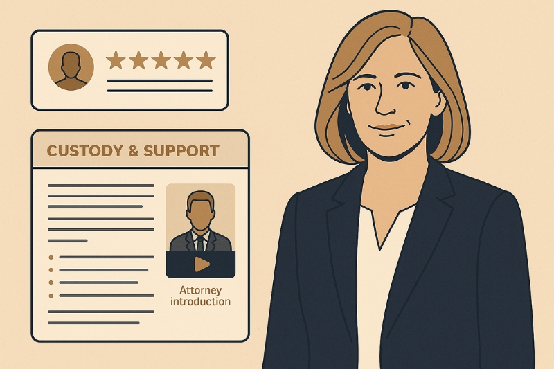 Content marketing for family law firms with attorney profiles and custody support resources.