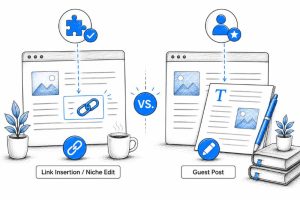 Illustration comparing niche edit link insertions with guest posting for acquiring backlinks through different content strategies.