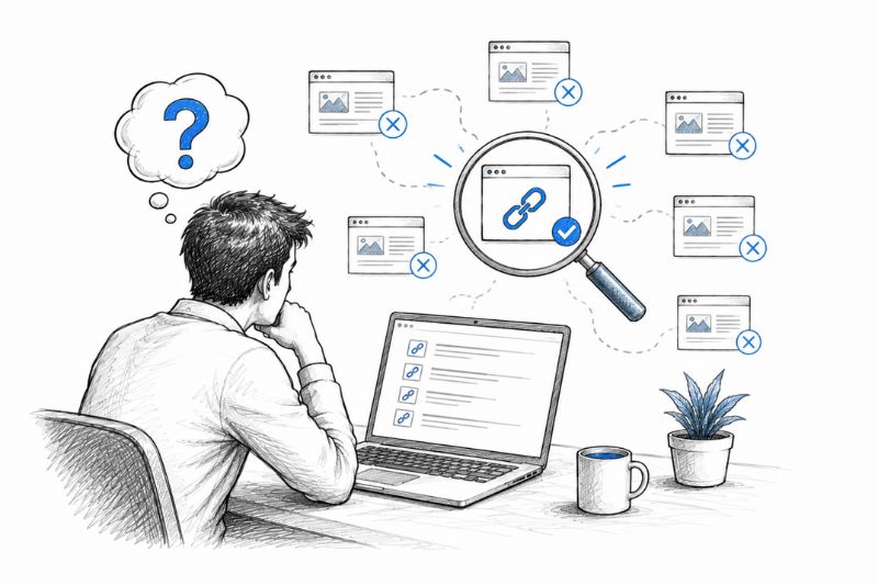 Illustration showing the challenge of finding relevant niche edit opportunities for backlink placement on existing websites.
