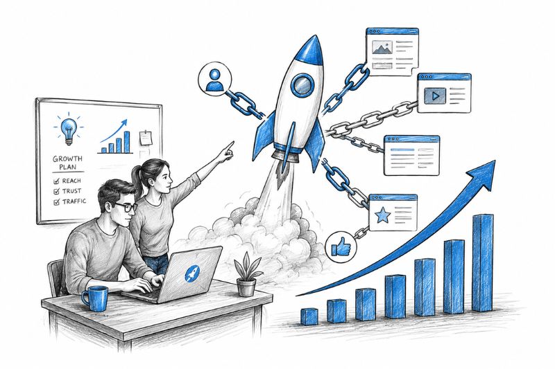 Startup founders executing a link building strategy to improve search rankings and drive long-term business growth.