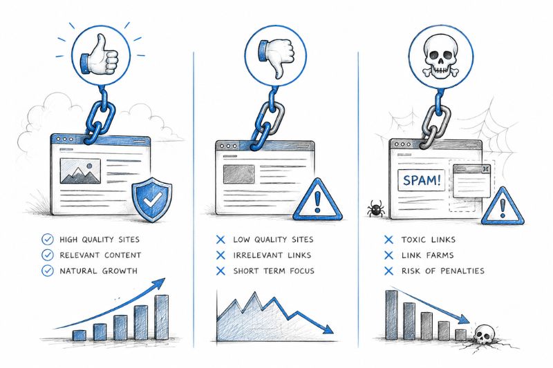 Comparison of good, bad, and toxic link building practices and their impact on search rankings and website growth.
