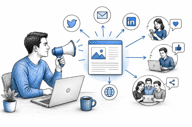 Illustration of distributing content through social media, email, and online networks to maximize audience engagement.