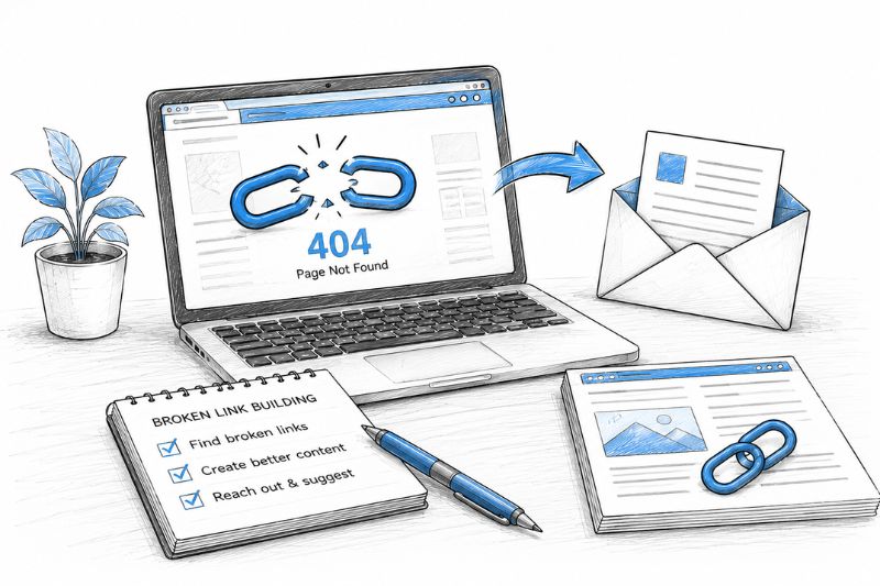 Illustration explaining broken link building by replacing dead links with valuable content through targeted outreach.