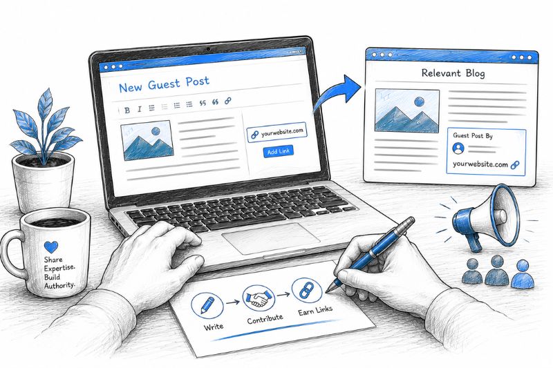 Illustration showing guest posting as a link building strategy by contributing valuable content to relevant websites.