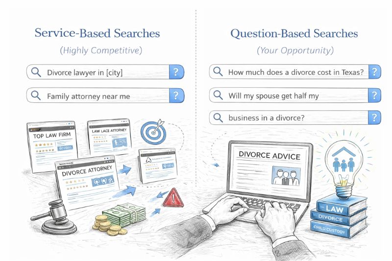 Family Law Blogging strategy comparing service searches vs question-based client-focused content