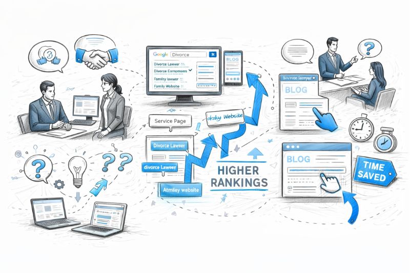 Family Law Blogging workflow showing content strategy driving higher rankings and long-term client growth