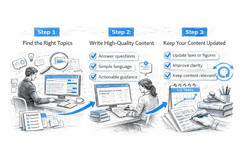 Family Law Blogging steps for topic research, content writing, and ongoing updates