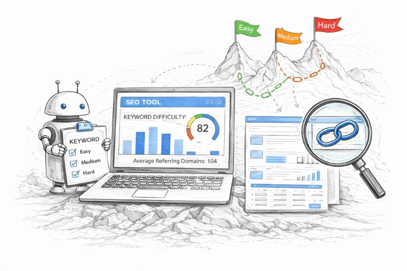 Link building for family law firms illustrated with keyword difficulty, backlinks, and SEO strategy tools