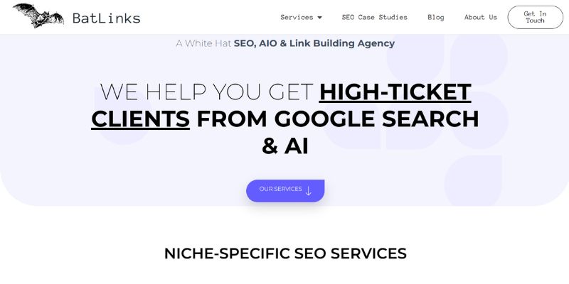 BatLinks homepage highlighting its SEO, AI, and link building services for generating high-ticket leads from Google Search