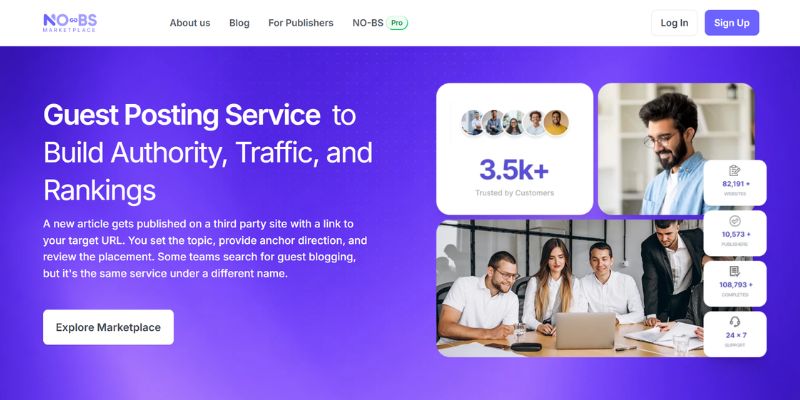 NO-BS Marketplace homepage highlighting its guest posting service for building backlinks, authority, and organic search rankings.