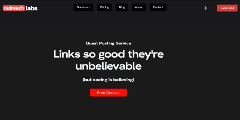 Outreach Labs homepage highlighting its guest posting service for building high-quality backlinks through manual outreach.