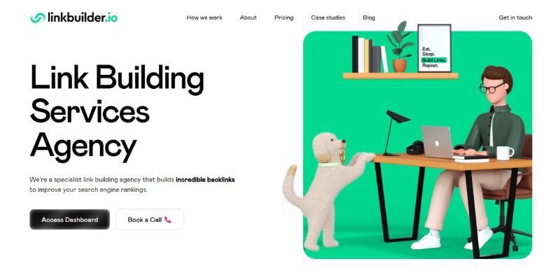 LinkBuilder.io homepage highlighting its link building services for earning high-quality backlinks and improving search rankings.