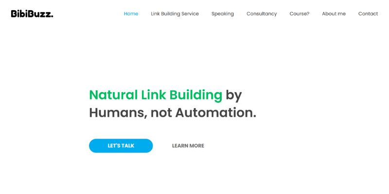 BibiBuzz homepage highlighting its manual link building services for earning natural, high-quality backlinks.