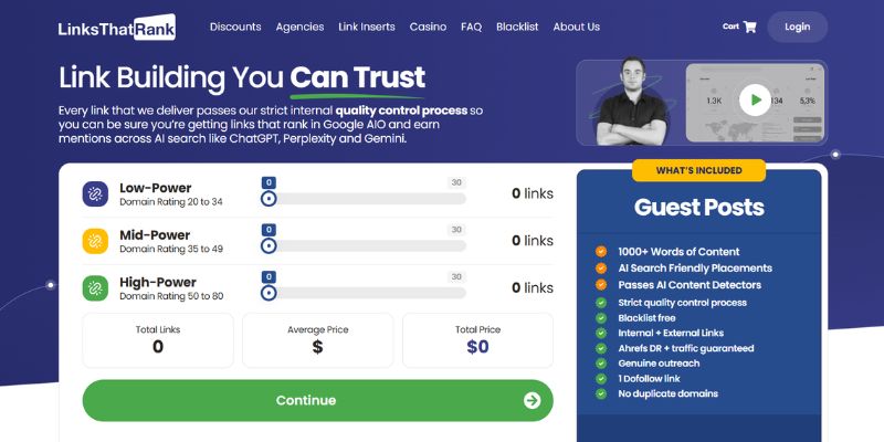 LinksThatRank dashboard displaying guest post package options and link quality tiers for SEO campaigns