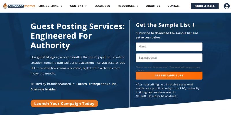 Outreach Mama homepage highlighting its managed guest posting services for securing authoritative editorial backlinks.