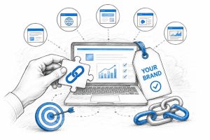 Illustration of white label link building with branded SEO services, backlink management, and digital marketing assets