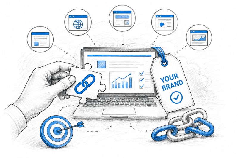 Illustration of white label link building with branded SEO services, backlink management, and digital marketing assets