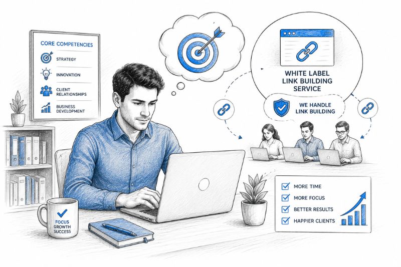 Illustration showing an agency outsourcing white label link building to focus on core business activities and client growth.