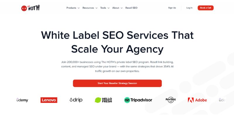 The HOTH homepage promoting scalable white-label SEO, link-building, and content services for agencies.