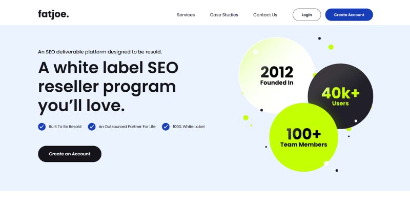 FatJoe homepage promoting its white-label SEO reseller program, supported by 40,000 users and a team of over 100