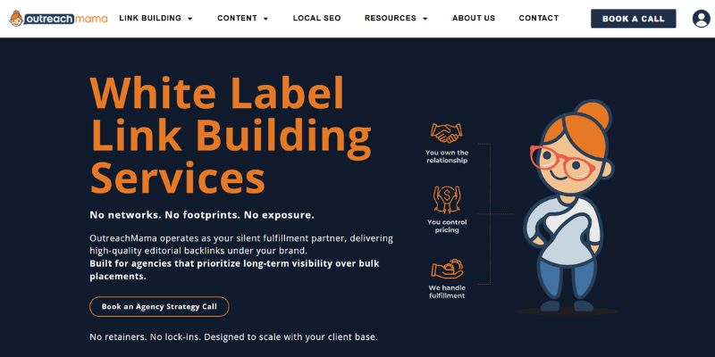 OutreachMama homepage promoting white-label link-building services with agency-owned relationships, flexible pricing, and managed fulfilment.