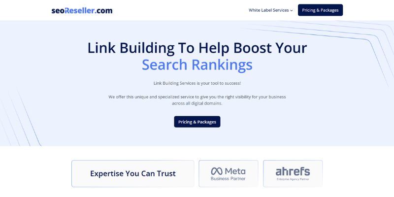 SEOReseller homepage promoting link-building services designed to improve search visibility and rankings.