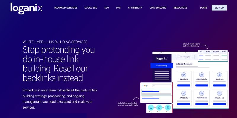Loganix homepage promoting white-label link-building services that agencies can resell under their own brand