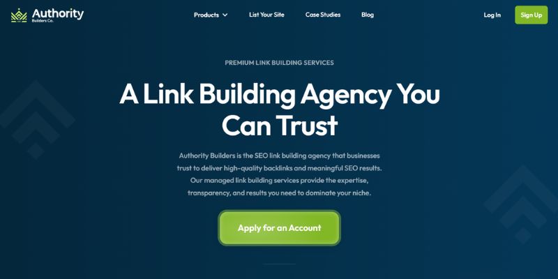 Authority Builders homepage promoting managed link-building services focused on high-quality backlinks and measurable SEO results.