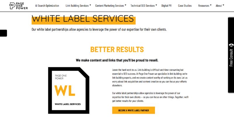 Page One Power webpage promoting white-label content and link-building services that agencies can confidently resell to clients.
