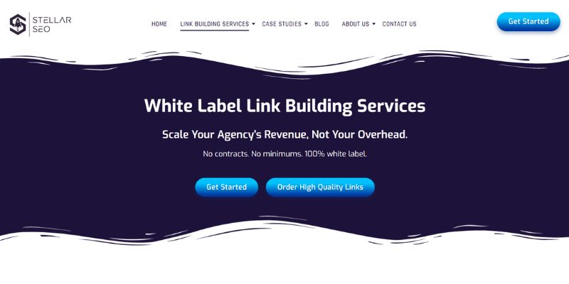 Stellar SEO homepage promoting scalable white-label link-building services with no contracts or minimum order requirements.