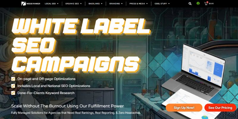 Web 2.0 Ranker webpage promoting fully managed white-label SEO campaigns with on-page, off-page, and local search optimisation.
