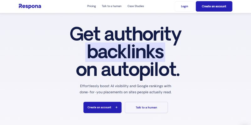 Respona homepage promoting automated authority backlink placements designed to improve AI visibility and Google rankings