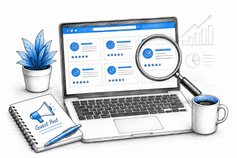 Illustration highlighting marketplaces that help marketers discover quality guest posting opportunities.