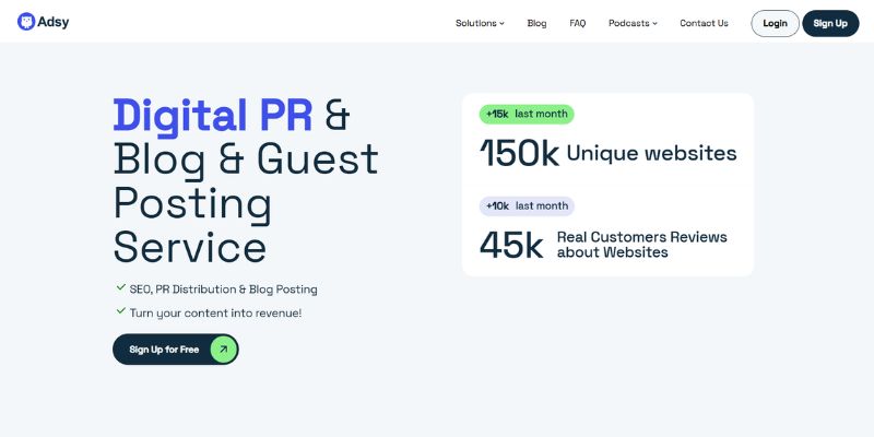 Adsy homepage promoting digital PR, blog, and guest posting services across a marketplace of 150,000 websites.
