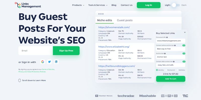 LinksManagement interface showing guest post and niche edit opportunities with website metrics, pricing, and link selection options.